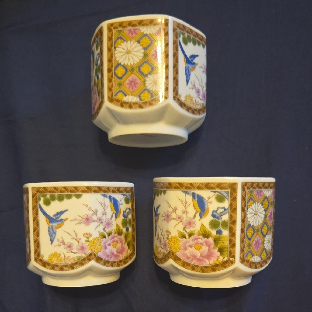 3 Vintage Japanese Porcelein Floral and Bird Tea Cups
